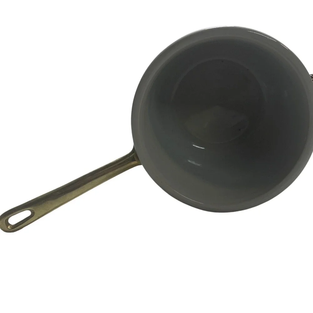 Vintage Grey Enamel Saucepan with Copper Band and Brass Handle Small Pot